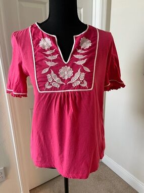 Tory Burch Fuchsia Short-Sleeve Embroidered V-Neck Top